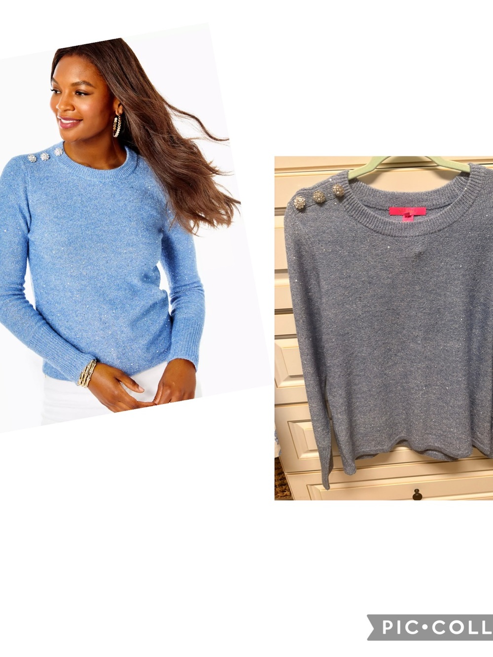 Lilly Pulitzer metallic blue sequin sparkle Crewneck Sweater w/ Shoulder Buttons